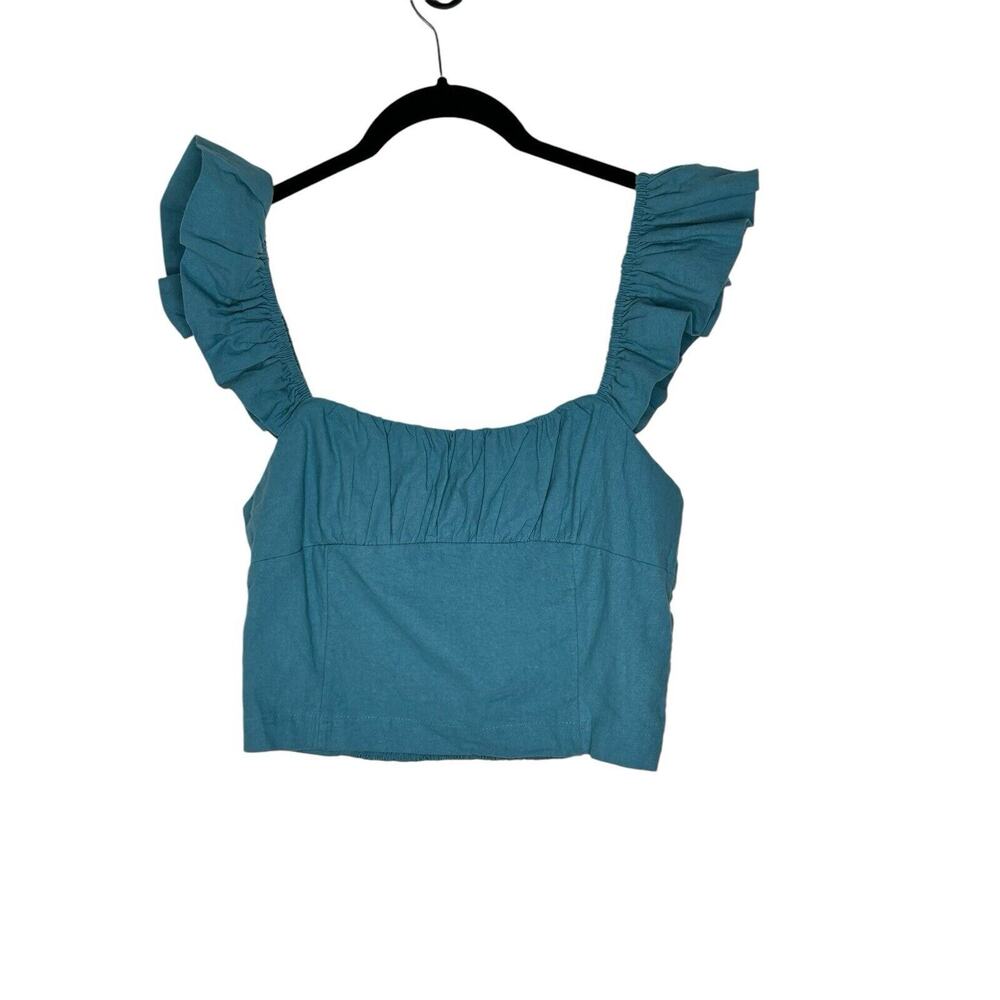 NWT Free People Womens Vittoria‎ Cami Top Tank Small Smocked Ruffle Cropped Blue